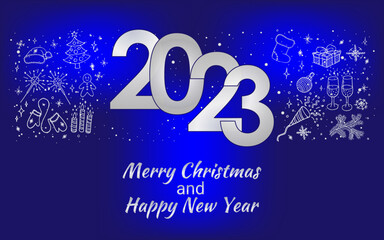 2023 Blue Christmas card with silver icons. Merry Christmas and Happy New Year text with Snowflakes, lettering for greeting cards, banners, posters, isolated vector illustration