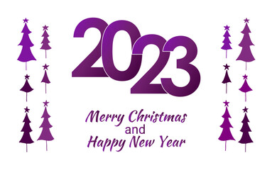 2023 Velvet Violet Christmas card with Christmas tree white Snowflakes. Merry Christmas and Happy New Year text with Snowflakes, lettering for greeting cards, banners, posters, isolated vector illustr