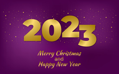 2023 Velvet Violet Christmas card with golden snow. Merry Christmas and Happy New Year text with Snowflakes, lettering for greeting cards, banners, posters, isolated vector illustration