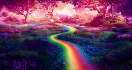 Illustration Mystical Forest With Rainbow Path