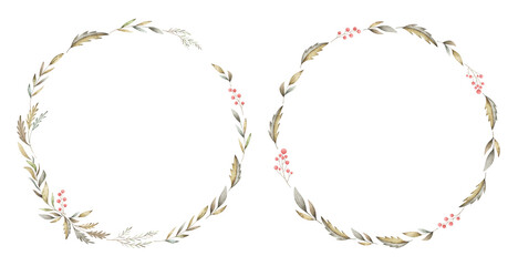 Watercolor wreaths with vintage berries, leaves and fir branches. Delicate frames with festive forest greenery