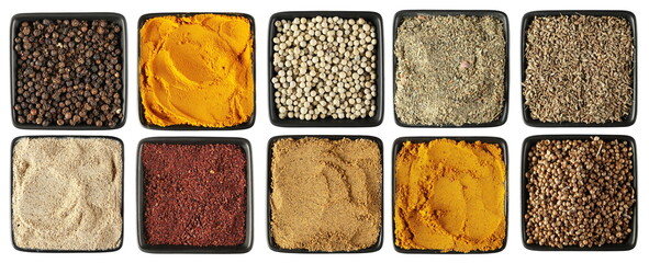 Set different spices, black pepper, turmeric, white peppercorns, mix Caribbean seasoning, anise...