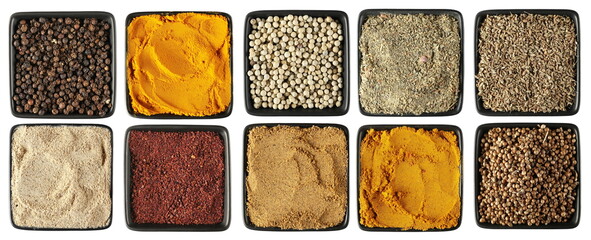 Set different spices, black pepper, turmeric, white peppercorns, mix Caribbean seasoning, anise seeds, shiitake mushroom, ground sumac, tikka masala powder, curry caribbean mix, coriander isolated 