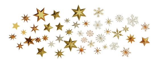 golden openwork shiny snowflakes, star, 3D rendering.