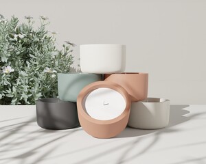 3d Mockup Candle with aesthetic background and clay pot for new brand and packaging