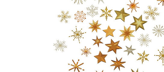 golden openwork shiny snowflakes, star, 3D rendering.