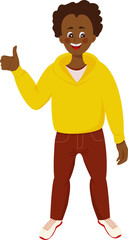 A happy African American boy with curly hair standing with his thumb up, wearing a yellow hooded sweatshirt, brown and red jeans, and white sneakers with red soles. Vector illustration, isolated image