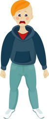 Upset boy with a red fancy shaved haircut, standing with clenched fists, wearing a blue hooded hoodie, blue jeans and white sneakers. Vector illustration, isolated image on white background.