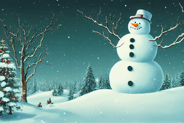 Snowman in winter christmas landscape. Snowman. Magical christmas night