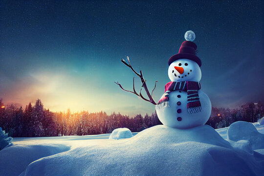 Snowman in winter christmas landscape. Snowman. Magical christmas night