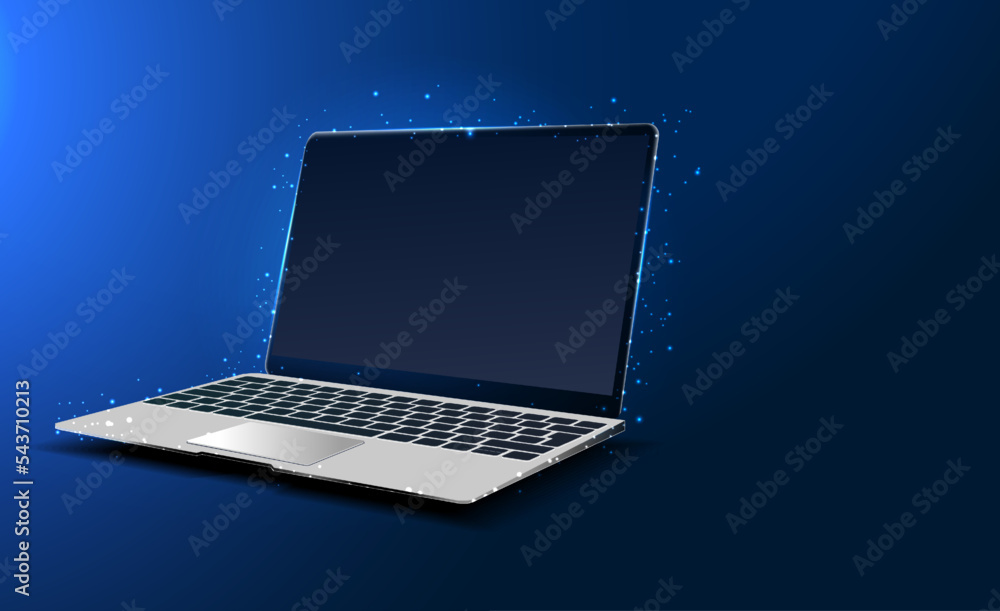 Poster a notebook consisting of polygons. laptop in a futuristic polygonal style with a skeleton, low-poly 