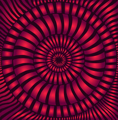 Hipnotic optical illusion abstract vibrant pattern with many circles of stripes template. Decorative 3D style psychedelic background. Juicy gradient orange violet color, outline dark plum color.