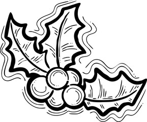 Mistletoe leaves and berries decorative vector element for Christmas and new year design. Traditional winter holidays green and red decoration. Hand drawn illustration, line style drawing.