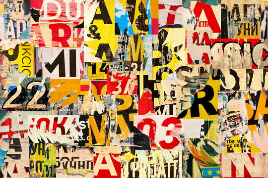 Collage of many numbers and letters ripped torn advertisement street posters grunge creased crumpled paper texture background placard backdrop surface © Nikola