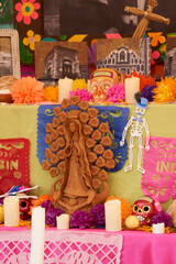 Mexican offering (ofrenda) with all the elements that make up the altar to the dead in Mexican...