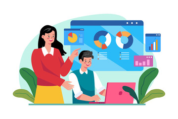 Business head and staff analyzing business growth graph