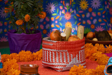 Mexican offering (ofrenda) with all the elements that make up the altar to the dead in Mexican...