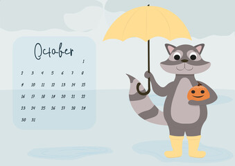 Calendar for October 2023 cute character racoon