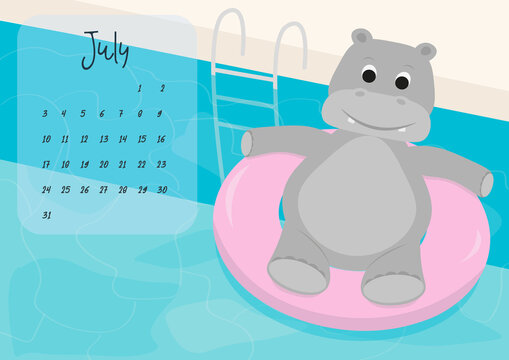 Calendar for July 2023 character hippo in the pool