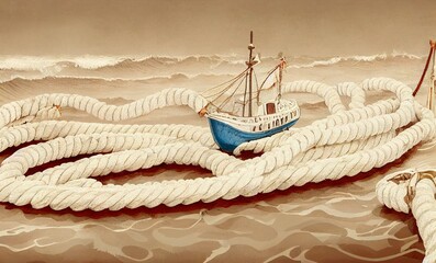 Obraz premium Marine rope vintage illustration on beige old paper. Hand drawn navy background with the sea and ship.