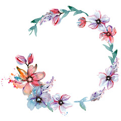Pink and Blue Floral Watercolor Wreath
