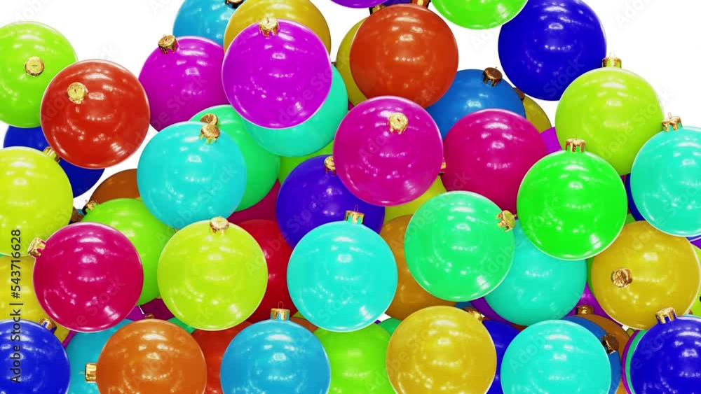 Poster realistic 3d animation of the colorful glossy plastic christmas baubles falling from the top filling