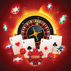 Casino concept with roulette wheel, playing cards, dices and flying chips on a red hot background. Win, fortune roulette. gamble, chance, leisure, lottery, luck. Vector illustration
