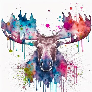 colourful watercolour moose portrait, wall art, generated image