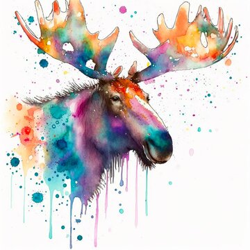 colourful watercolor moose, wall art, generated image 
