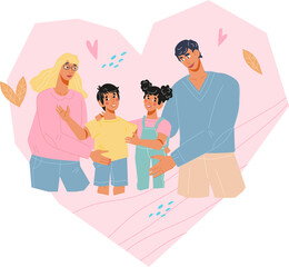 Happy smiling family at heart shape background. Mother, father and two children characters for topic of family relations.