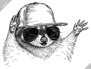 Vintage engrave isolated dressed fashion raccoon set illustration costume cut ink sketch. Wild pet background line glasses hipster hat racoon vector art © Turaev