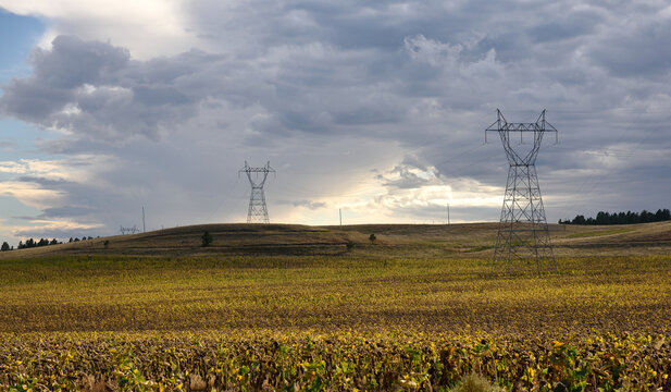Steel electriciy towers and high voltage power lines crossing empty hills and farmland under cloudy skies in South Dakota, USA.