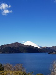 Vertical shot of Lake Ashi overlooking Mt.Fuji in Hakone, Kanto, Japan