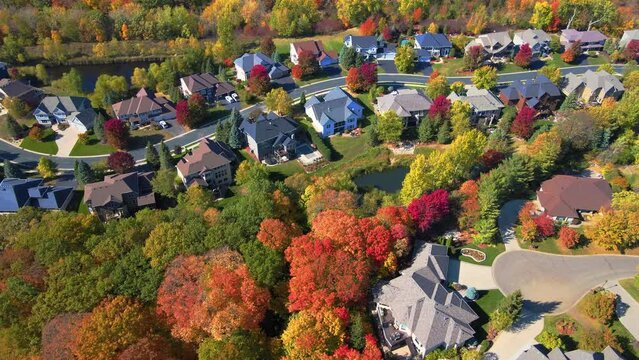 Neighborhood houses in fall drone flyover