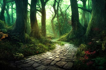 Stunning photorealistic landscape, footpath through fairy woods, Ai generated illustration