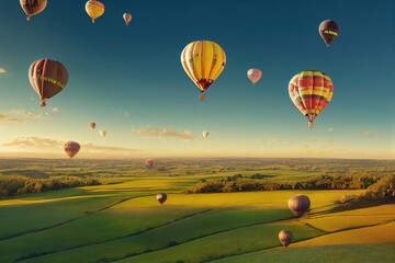 Photorealistic illustration of hot air balloons in the sky over beautiful landscape. Ai generated