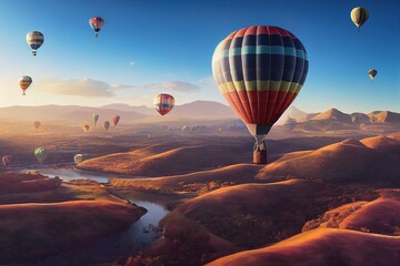 Obraz premium Photorealistic illustration of hot air balloons in the sky over the stunning landscape. Ai generated