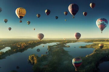 Obraz premium Photorealistic illustration of hot air balloons in the sky over the stunning landscape. Ai generated
