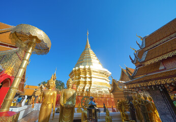 Phra That Doi Suthep, a buddhist temple. Thai architecture temple golden holy shrines light...
