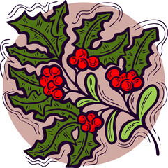 Mistletoe leaves and berries decorative vector element for Christmas and new year design. Traditional winter holidays green and red decoration. Hand drawn illustration, line style drawing.