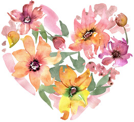 Pink and Yellow Watercolor Floral Heart