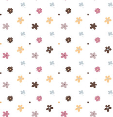 Simple pattern with brown, pink, yellow, gray flowers. Gentle background for fabrics, wrapping.
