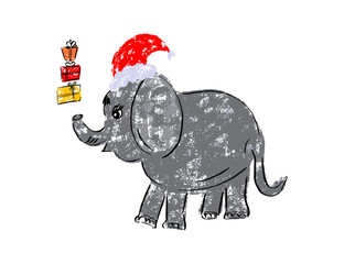 Cute funny elephant with Christmas and New Year gifts in cartoon style. Doodle style.