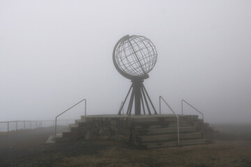 the Nordkapp North Cape globe symbol on a foggy day