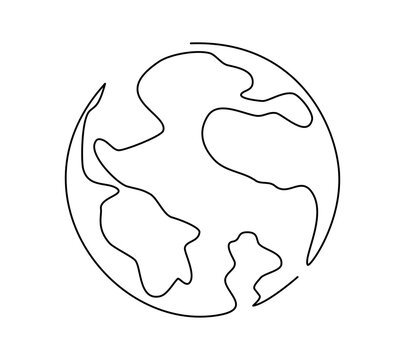 Continuous line drawn Planet Earth. Single line World Map in a modern minimalist style. Isolated Vector Illustration on a white Background