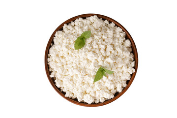 Cottage curd cheese in a wooden bowl on white background
