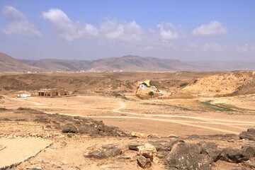 Landscape near Sumhuram Archaeological Park with ruins of ancient town Khor Rori near Salalah, Oman