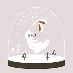Christmas card with adorable Bunny character and snowflakes. Drawn vector illustration with cute hare and symbol of Chinese 2023 New year. Cute rabbit. Cute illustration of wild forest animal