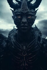 3D-rendered portrait of the Prince of Darkness with fiery eyes on the background of gray clouds