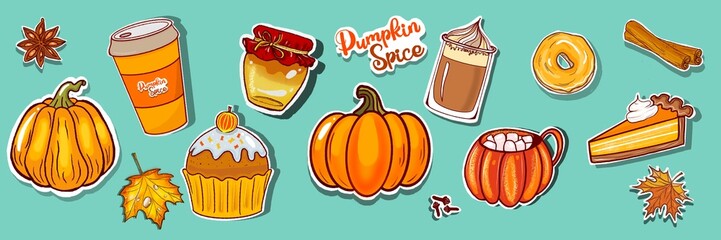 Pumpkin spices sticker set banner, hand drawn. Set of pumpkin stickers, coffee, pumpkin latte, cinnamon, star anise, pumpkin pie, cupcake. Autumn stickers for stickerbook, diary, print